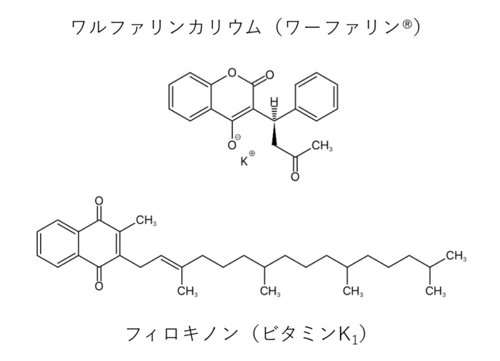 ワルファリンとビタミンKの化学構造式